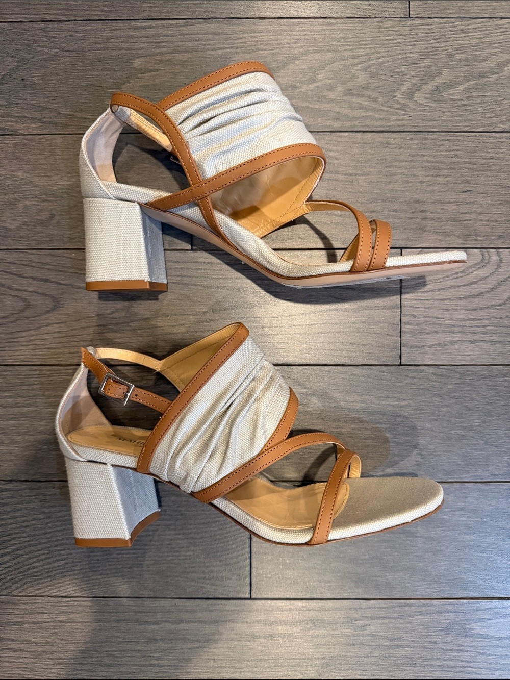 Canvas and Tan Block Heel Strappy Sandals